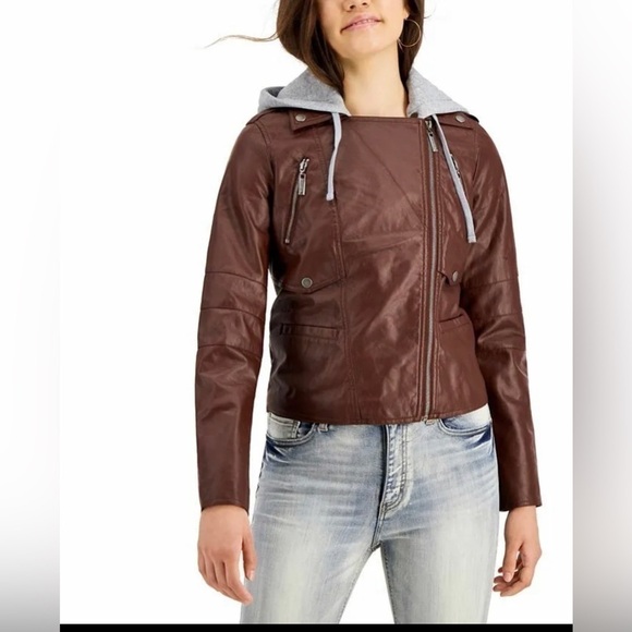 Faux-Leather Hoodie Moto Jacket, Sz Large, Extra Large Run Small - Picture 4 of 4